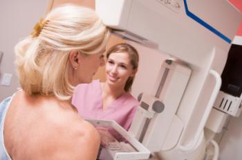 A woman having a mammography